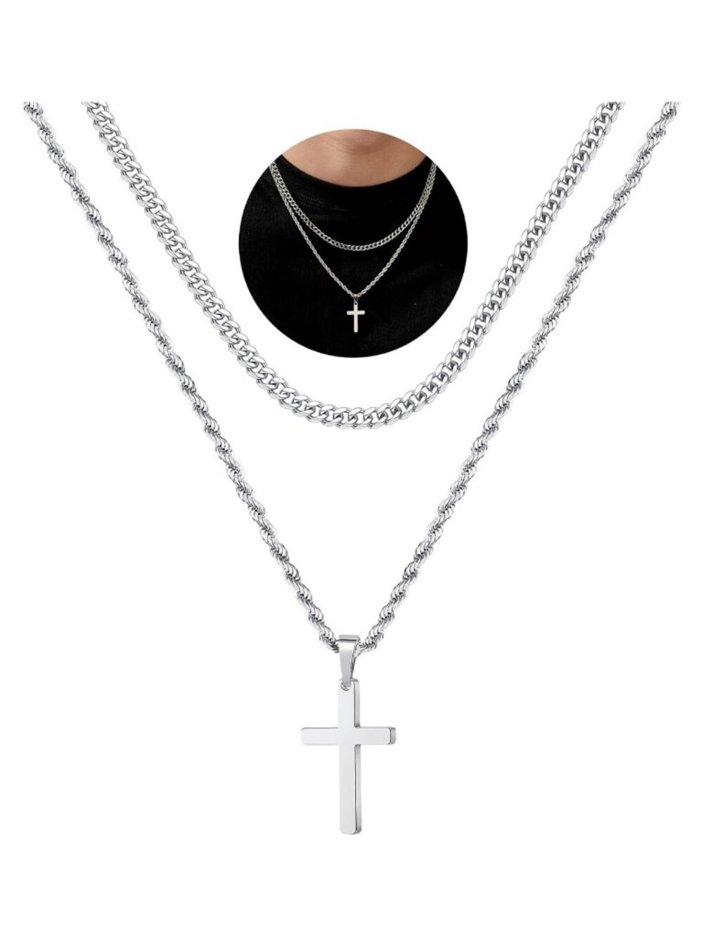 Men's Stainless Steel Cross Necklace 20in 22in Lobster Clasp Faith Pendant